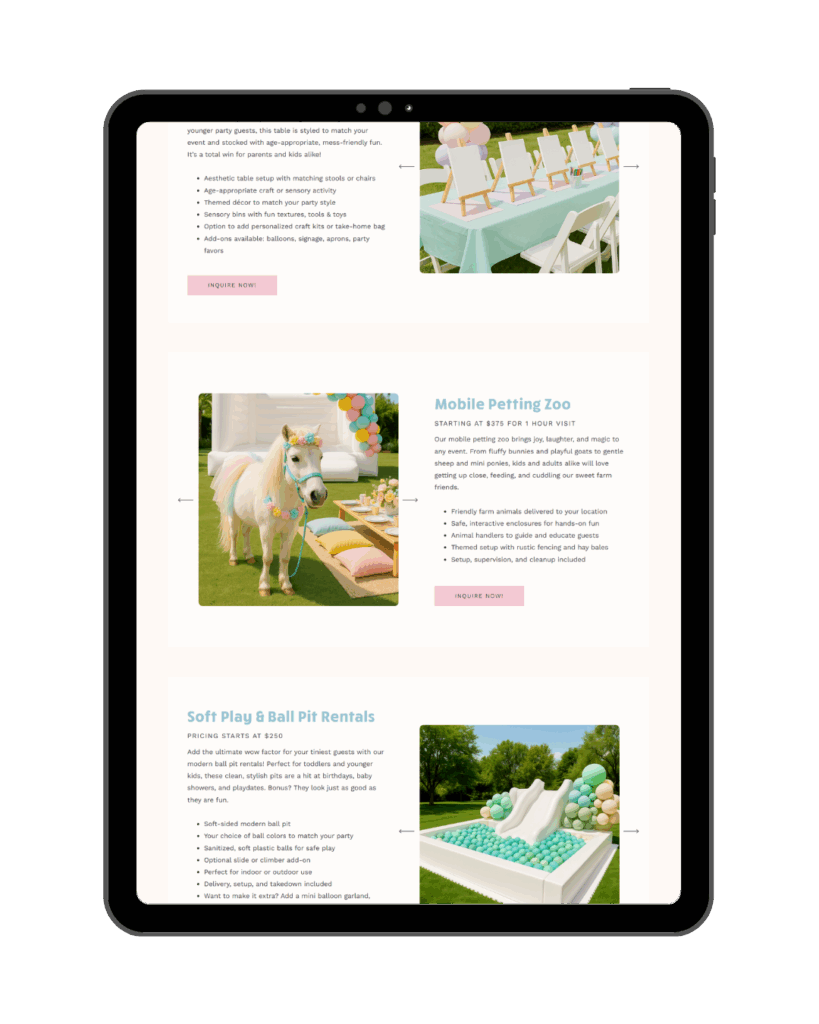 Kids Party Planner Website Template - Mobile Petting Zoo, Arts & Crafts, Soft Play, Sensory Play, Ball Pit Rentals