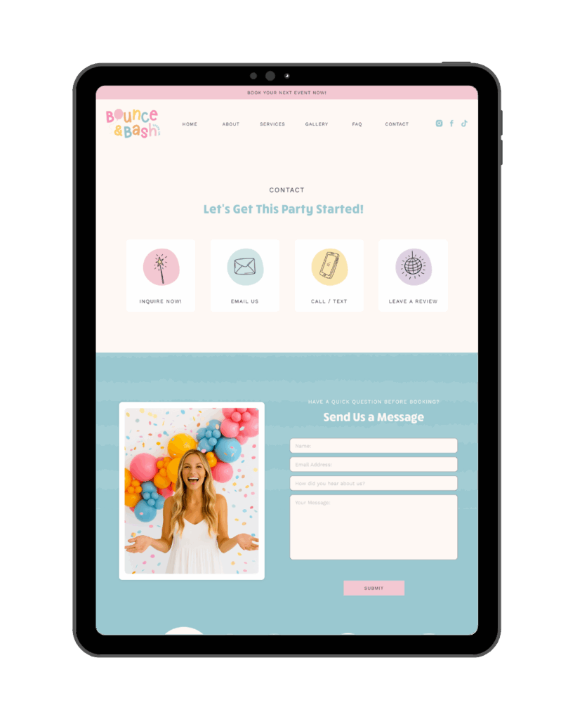 Event Planner website template on Showit - balloon artist in front of colorful balloon garland