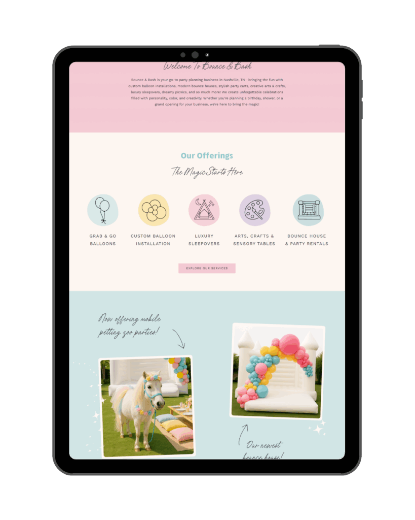 Pastel Party Planner Website Template for Balloon Artists, Event Planners, Luxury Sleepovers and picnics, arts and crafts and sensory tables, and bounce house and soft play rentals
