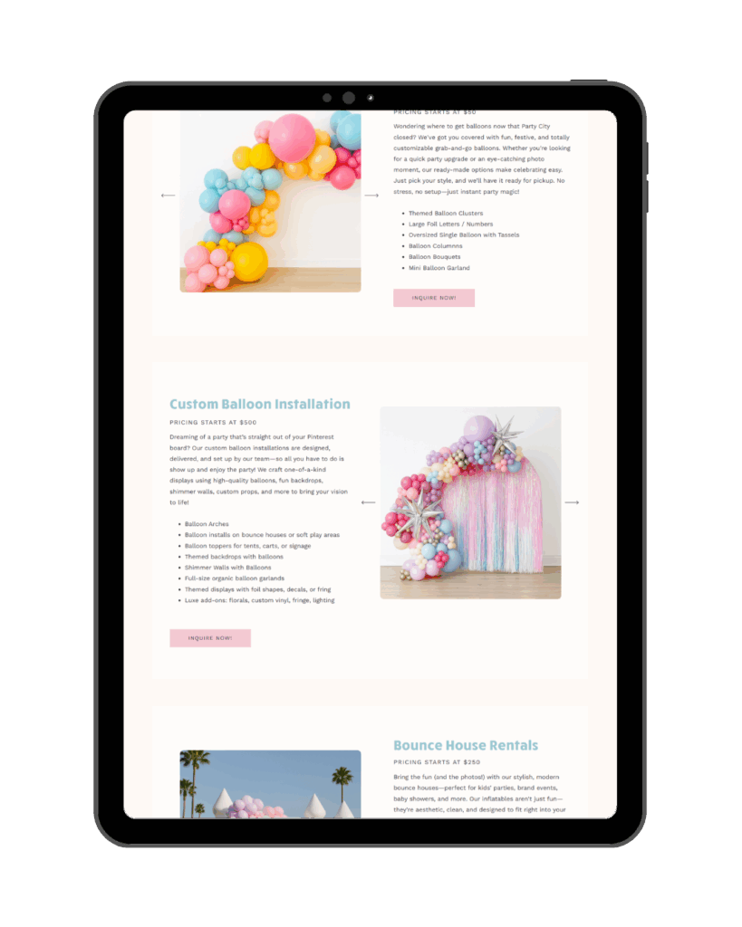 Website Template for Balloon Artist and Party Planner - photos of custom balloon installation and balloon garland