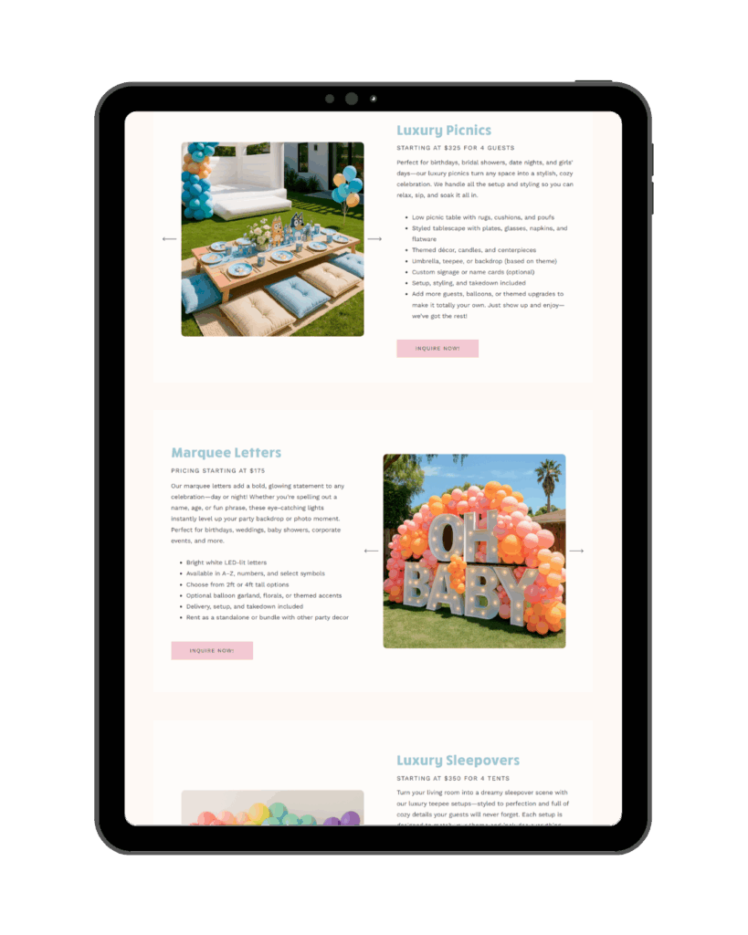 Website template showing luxury picnic service and LED Marquee Letters - Event Planner Website Template
