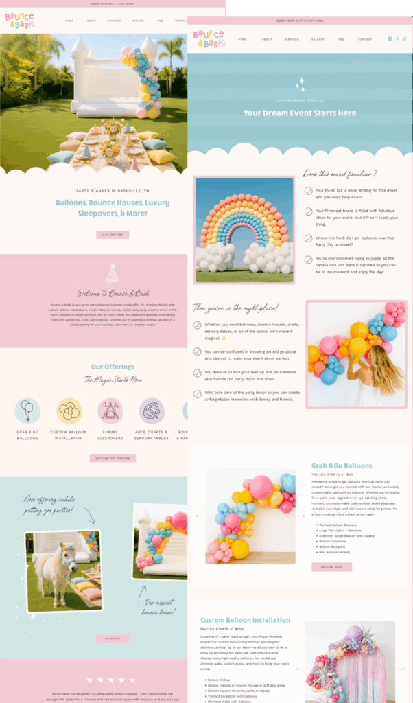 Event Planner Website Template for Balloon Artists, Party Planners, Bounce House Rentals and more - Pastel, Colorful, bright, playful