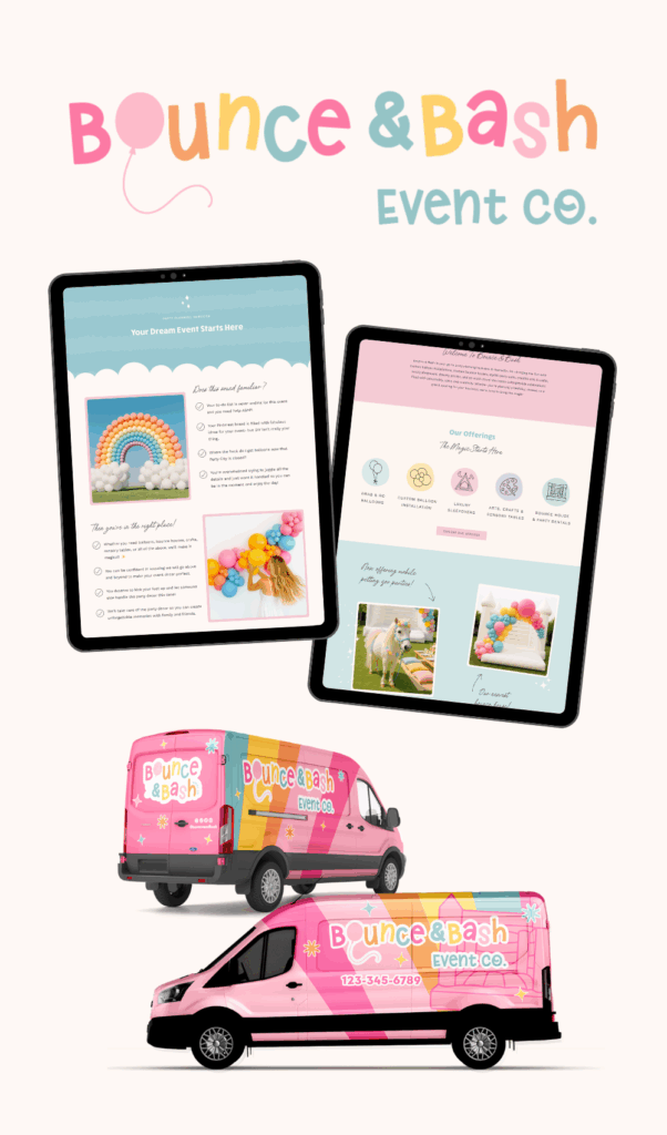 playful, colorful logo, website, and van wrap design for event planner, balloon artist, or party planner