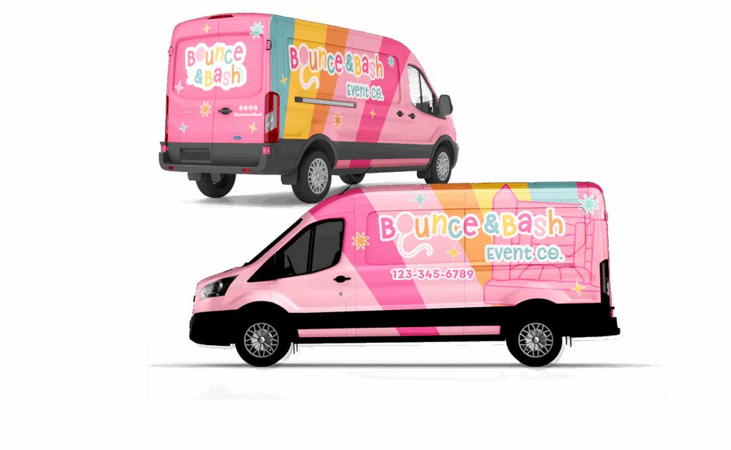 colorful van wrap design for party planner or balloon artist - pink, teal, yellow, orange bounce house and stars