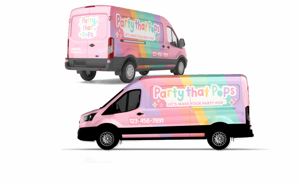 fun van wrap design for balloon artist or event planner - pastel rainbow design